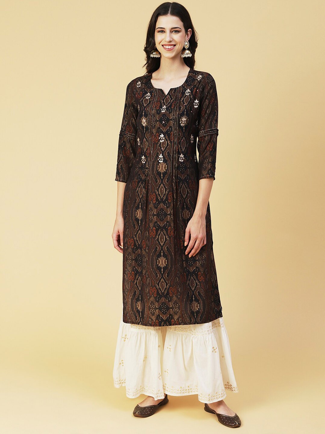 

FASHOR Embroidered Thread Work Straight Regular Kurta, Coffee brown