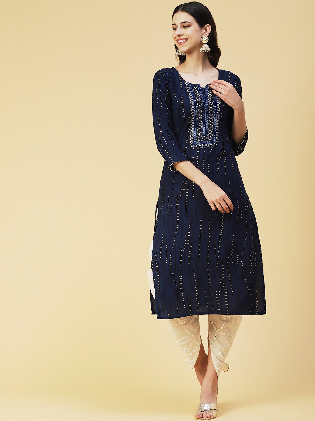 

FASHOR Yoke Design Mirror Work Kurta, Navy blue