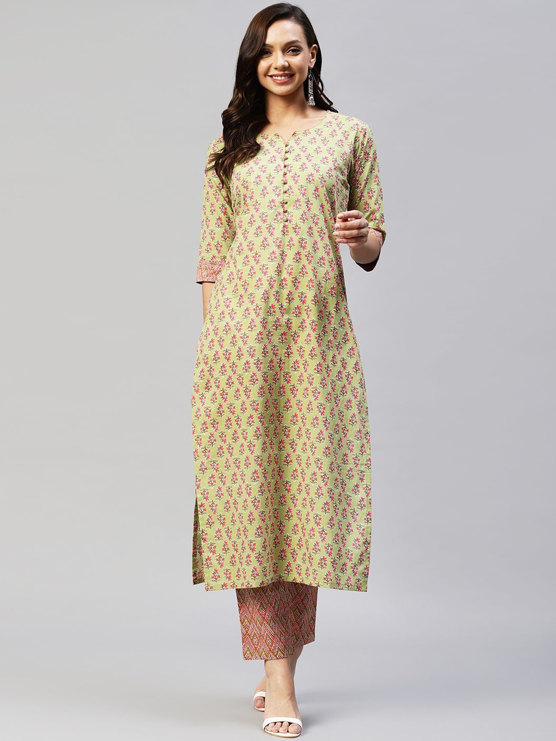 

KALINI Women Green Floral Printed Kurta with Trousers