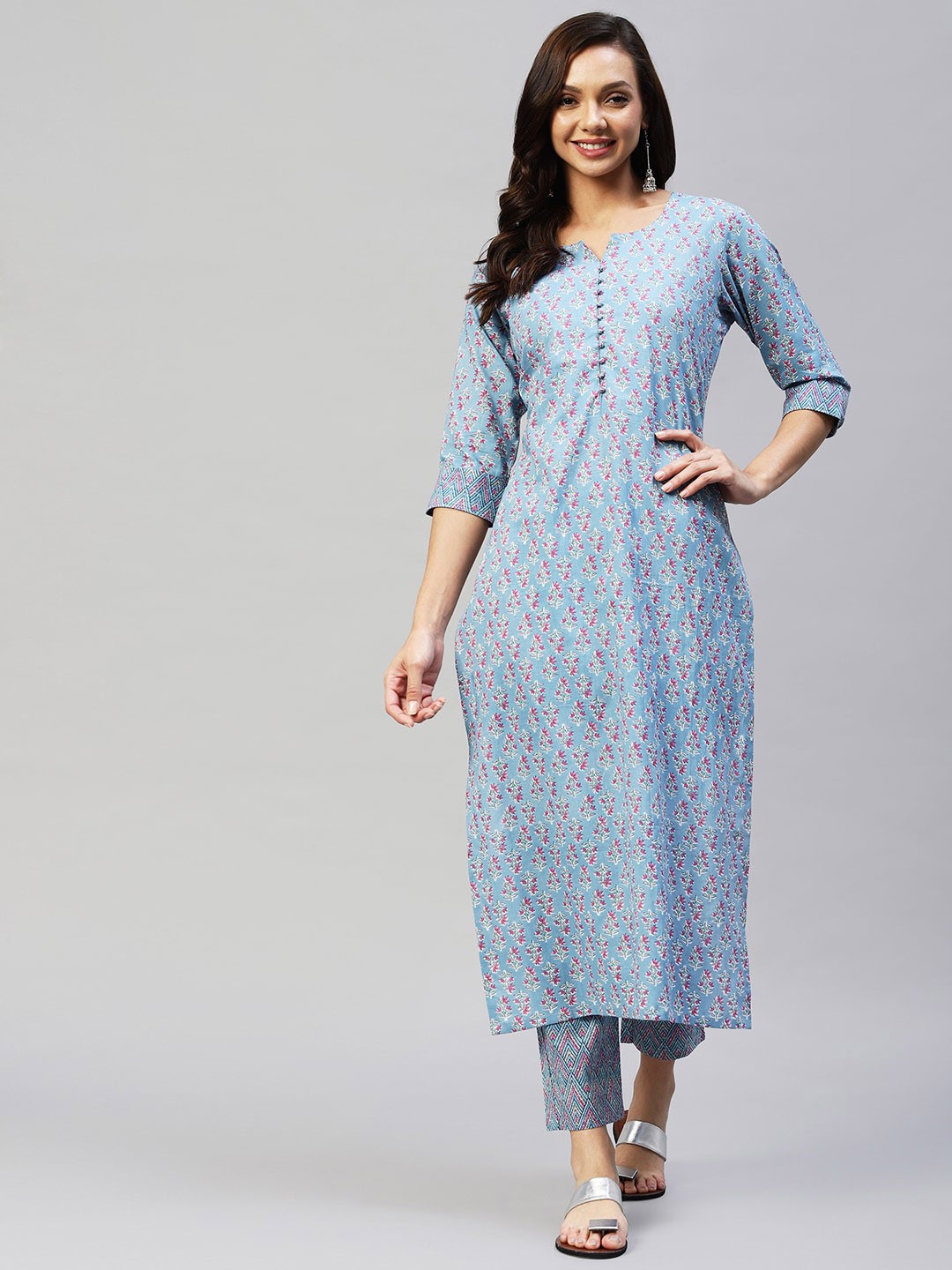 

KALINI Floral Printed Notch Collar Kurta with Trousers, Blue
