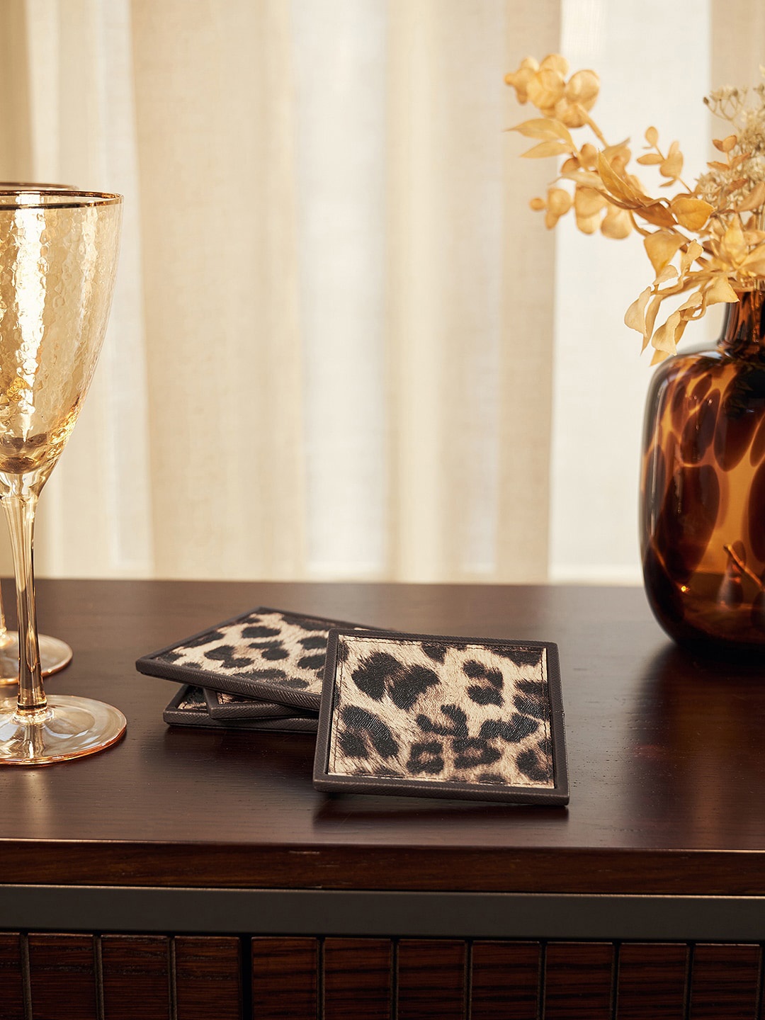 

Pure Home and Living Brown & Beige Set Of 4 Leopard Printed Faux Leather Coasters