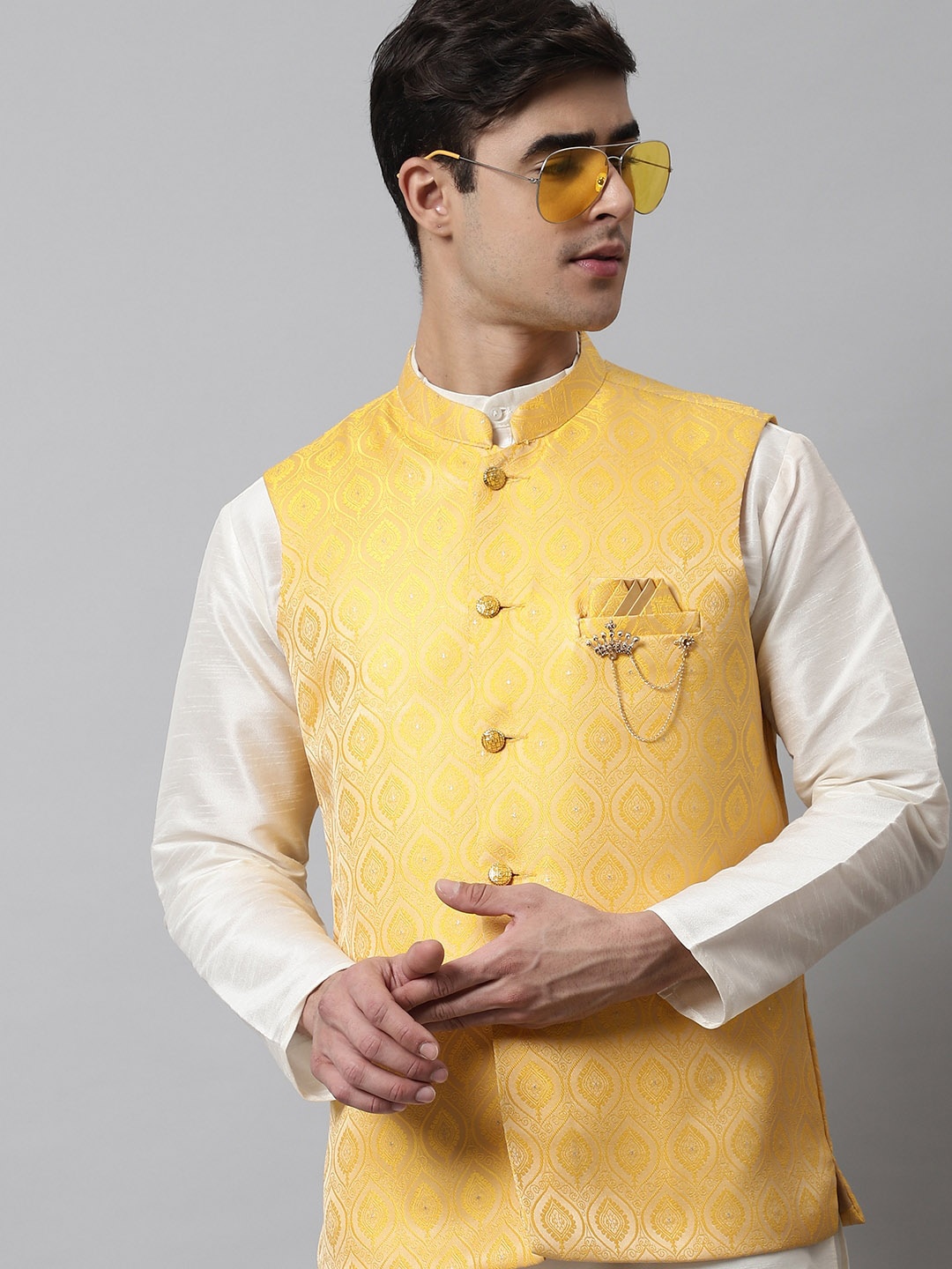 

Jompers Men Woven Design Mandrian Collar Nehru Jacket With Brooch, Yellow