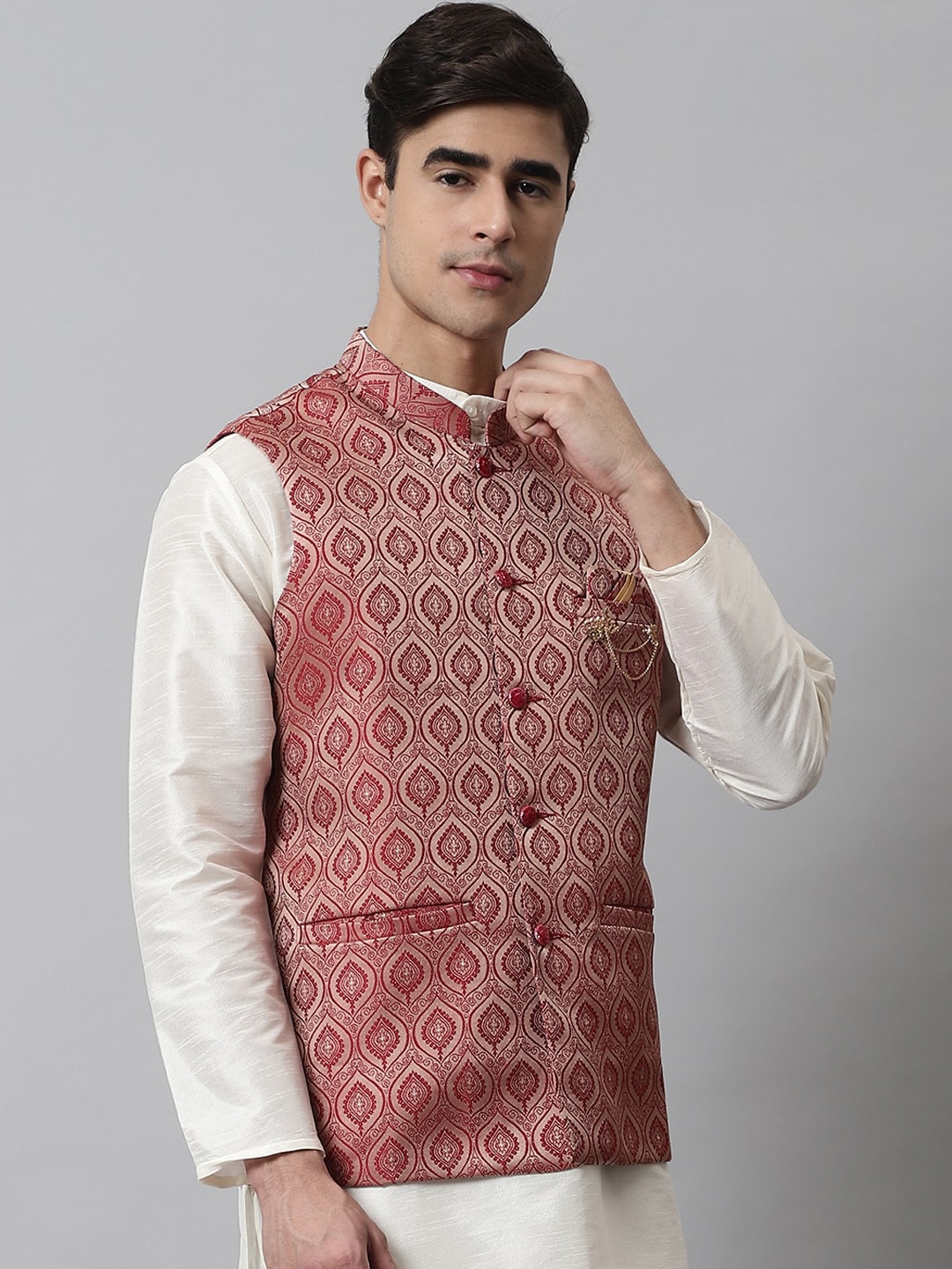 

Jompers Men Woven-Design Nehru Jacket, Maroon