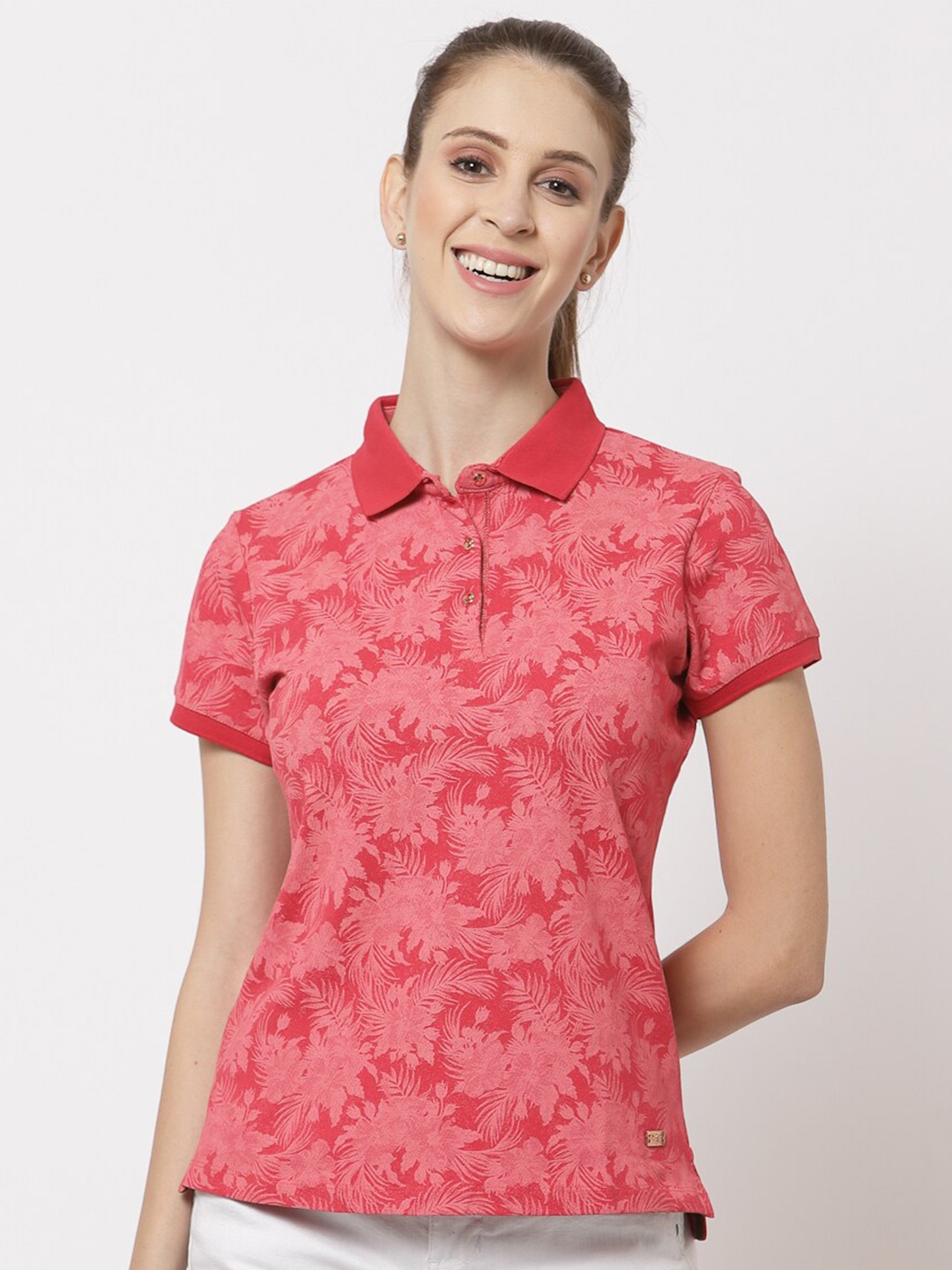 

Juelle Women Printed Polo Collar Slim Fit T-shirt, Red