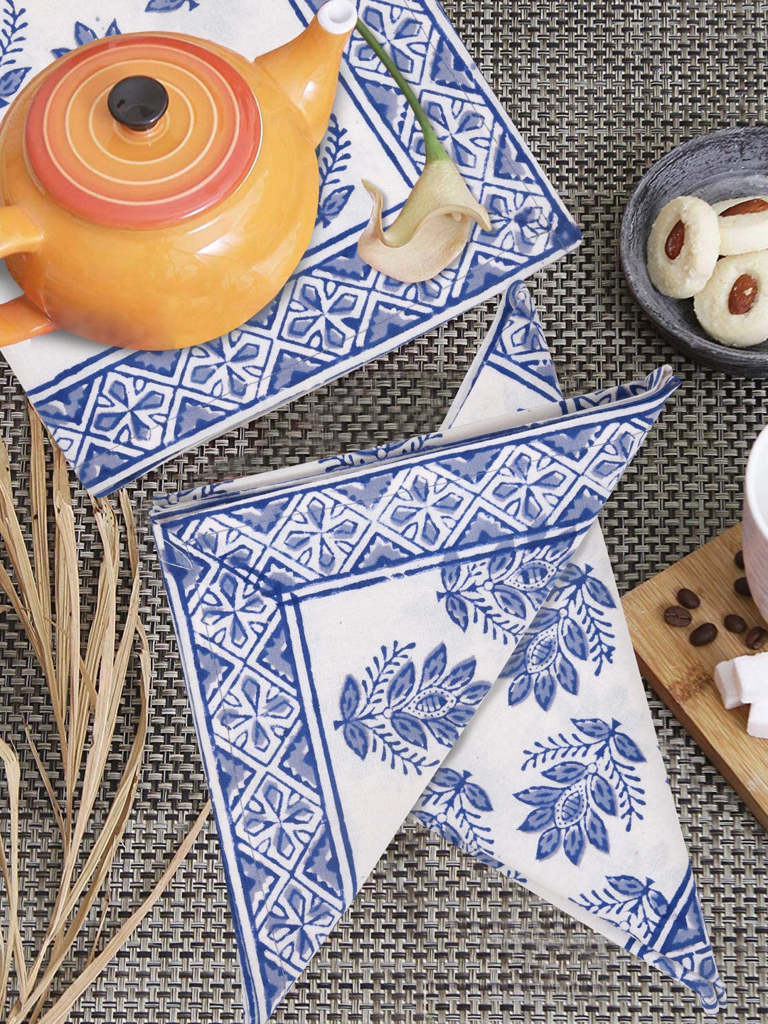 

BLOCKS OF INDIA Blue & White Set Of 6 Floral Printed Pure Cotton Table Napkins