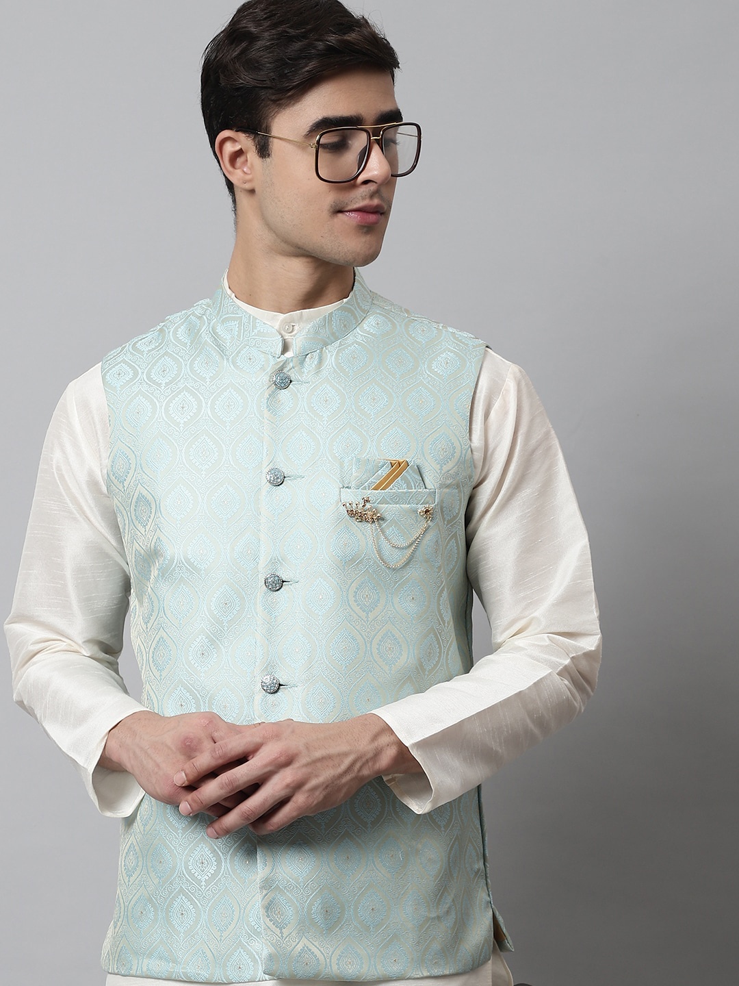 

Jompers Men Woven Design Nehru Jacket, Turquoise blue