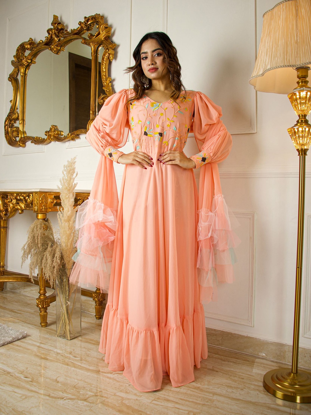 

Virah Fashion Ethnic Motifs Embroidered Georgette Maxi Dress, Peach