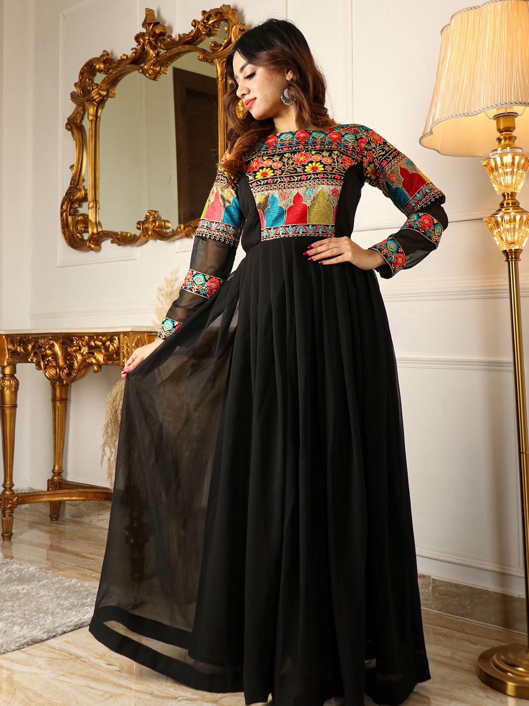 

Virah Fashion Ethnic Motifs Embroidered Georgette Maxi Dress, Black