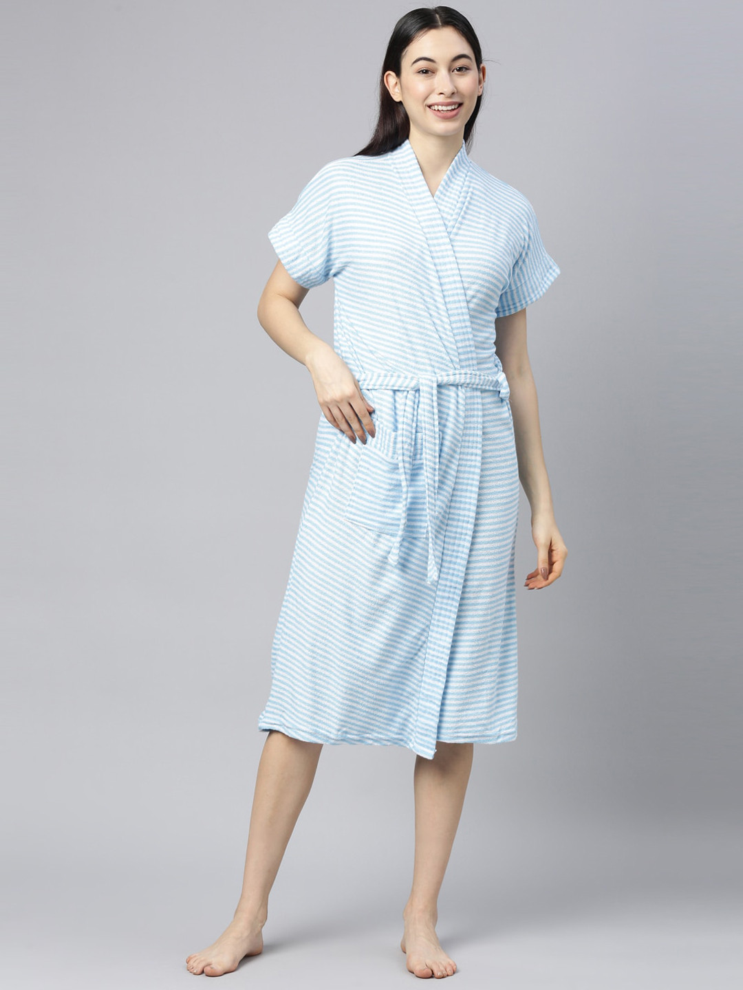 

GOLDSTROMS Women Turquoise Blue Cotton Striped Bath Robe