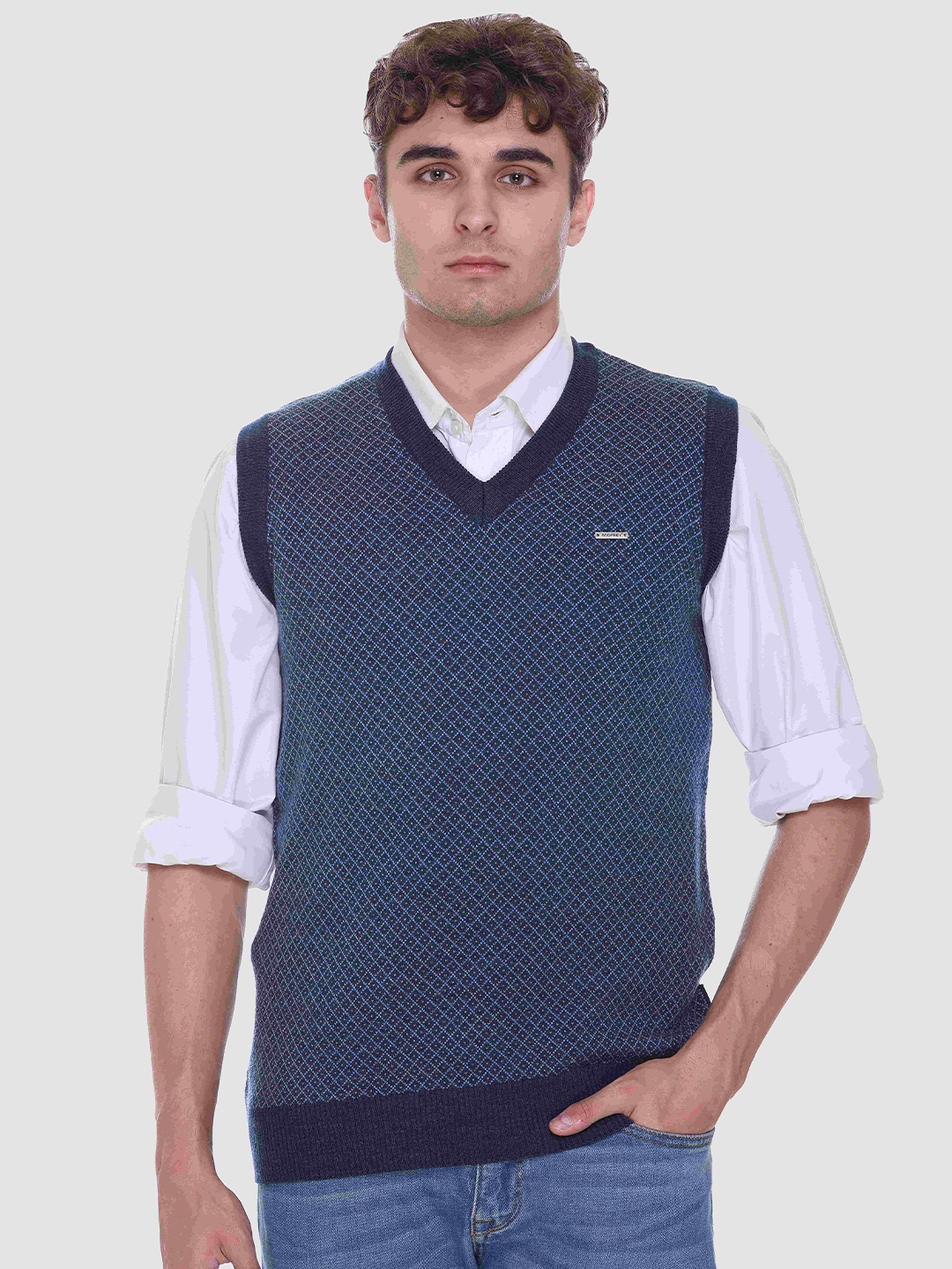 

GODFREY Men Checked Wool Sweater Vest, Blue