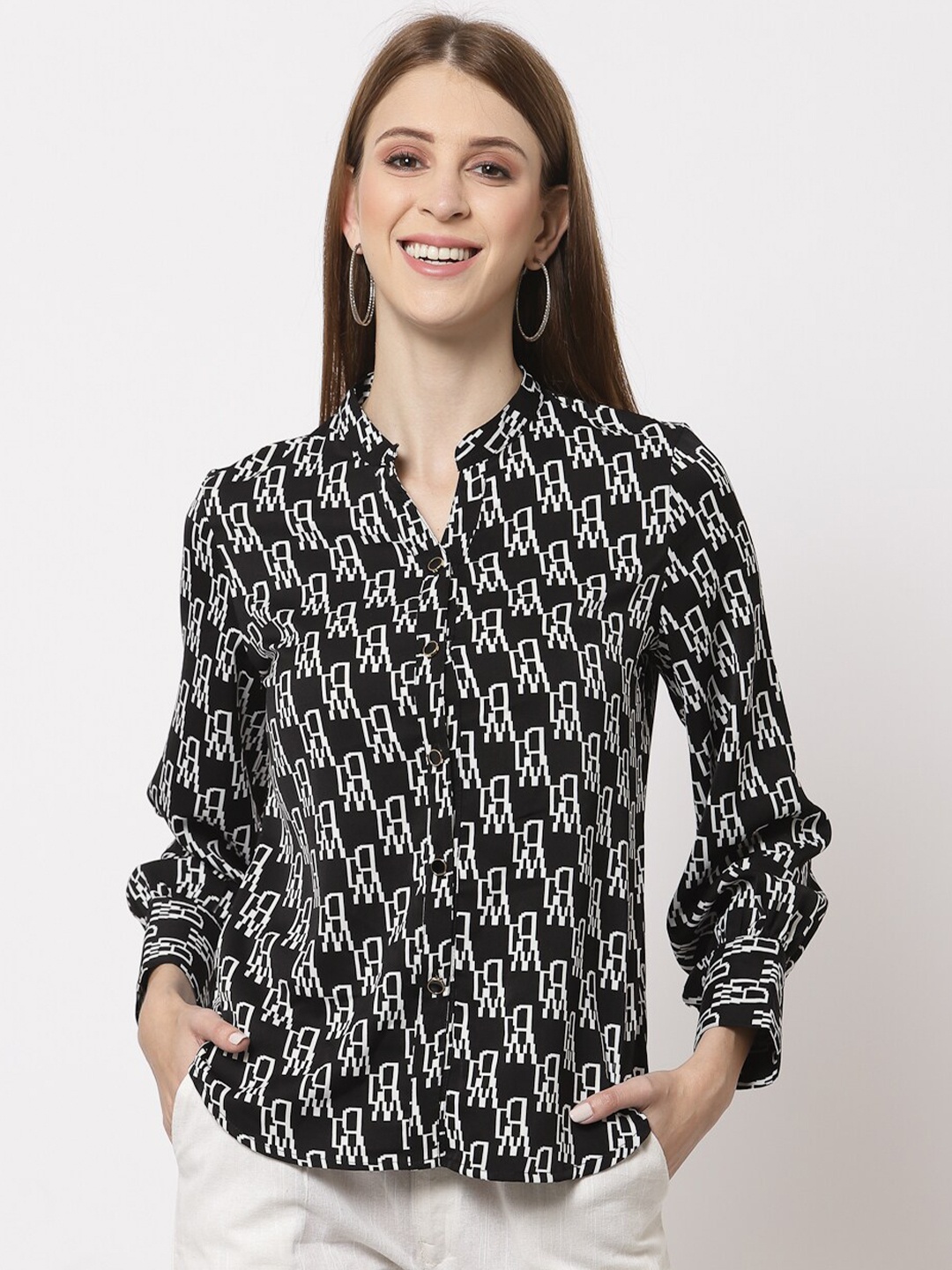 

Juelle Printed Mandarin Collar Shirt Style Top, Black