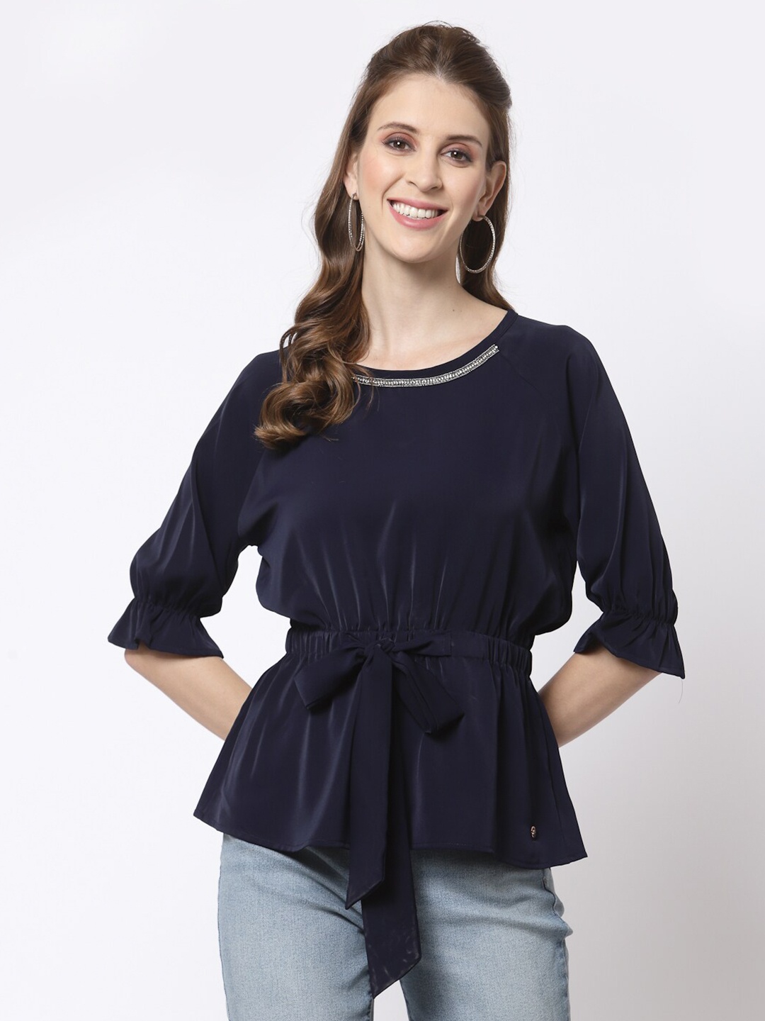 

Juelle Satin Waist Tie Ups Peplum Top, Navy blue