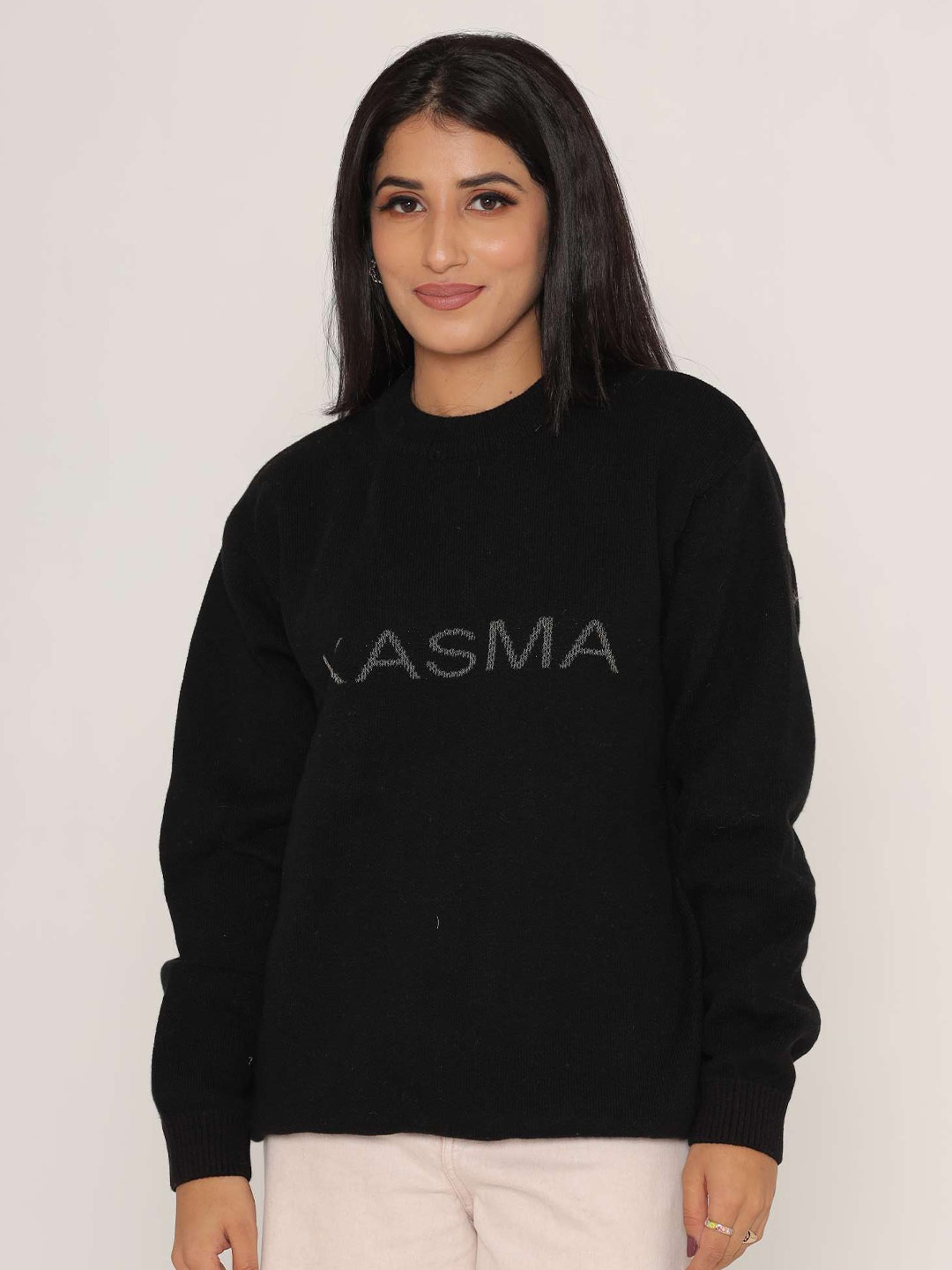 

KASMA Women Typography Self Design Drop Shoulders Wool Pullover, Black