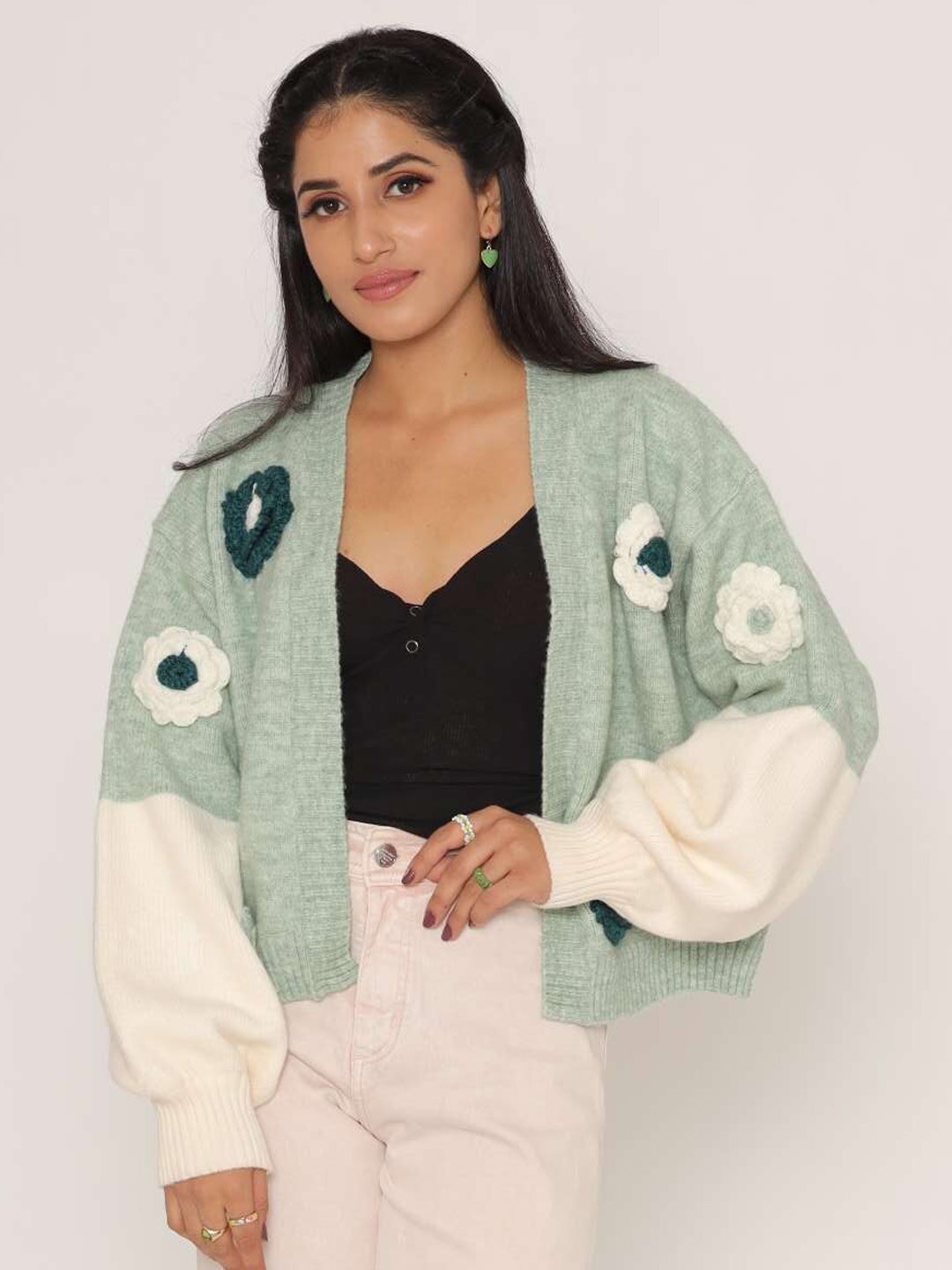 

KASMA Colourblocked Wool Front Open Sweater with Embroidered Detail, Sea green