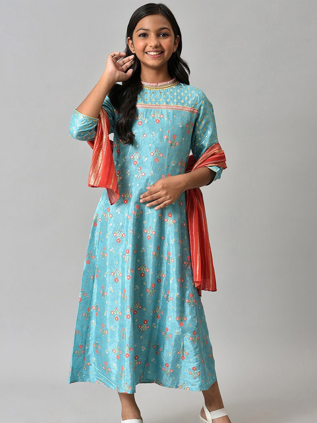 

AURELIA Girls Floral Printed Round Neck Kurta With Dupatta, Blue