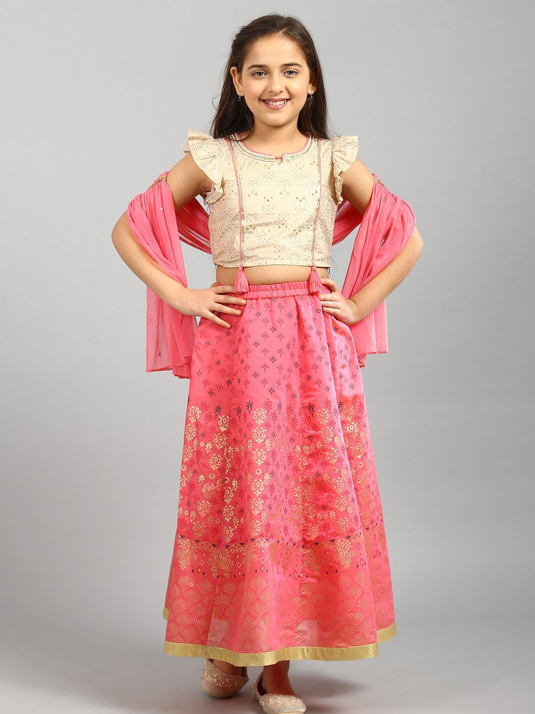 

AURELIA Girls Printed Ready to Wear Lehenga & Blouse With Dupatta, Pink