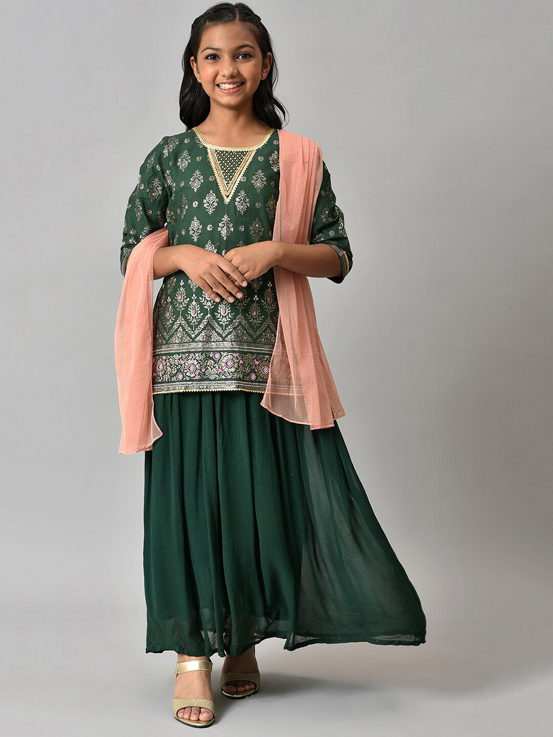 

AURELIA Girls Ethnic Motifs Printed Pure Cotton Kurti with Skirt & Dupatta, Green
