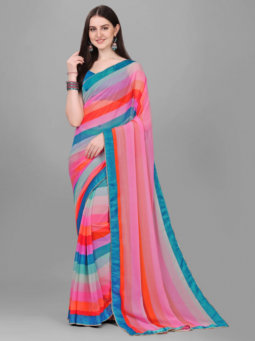 

B4ME COM Striped Pure Georgette Leheriya Saree, Turquoise blue