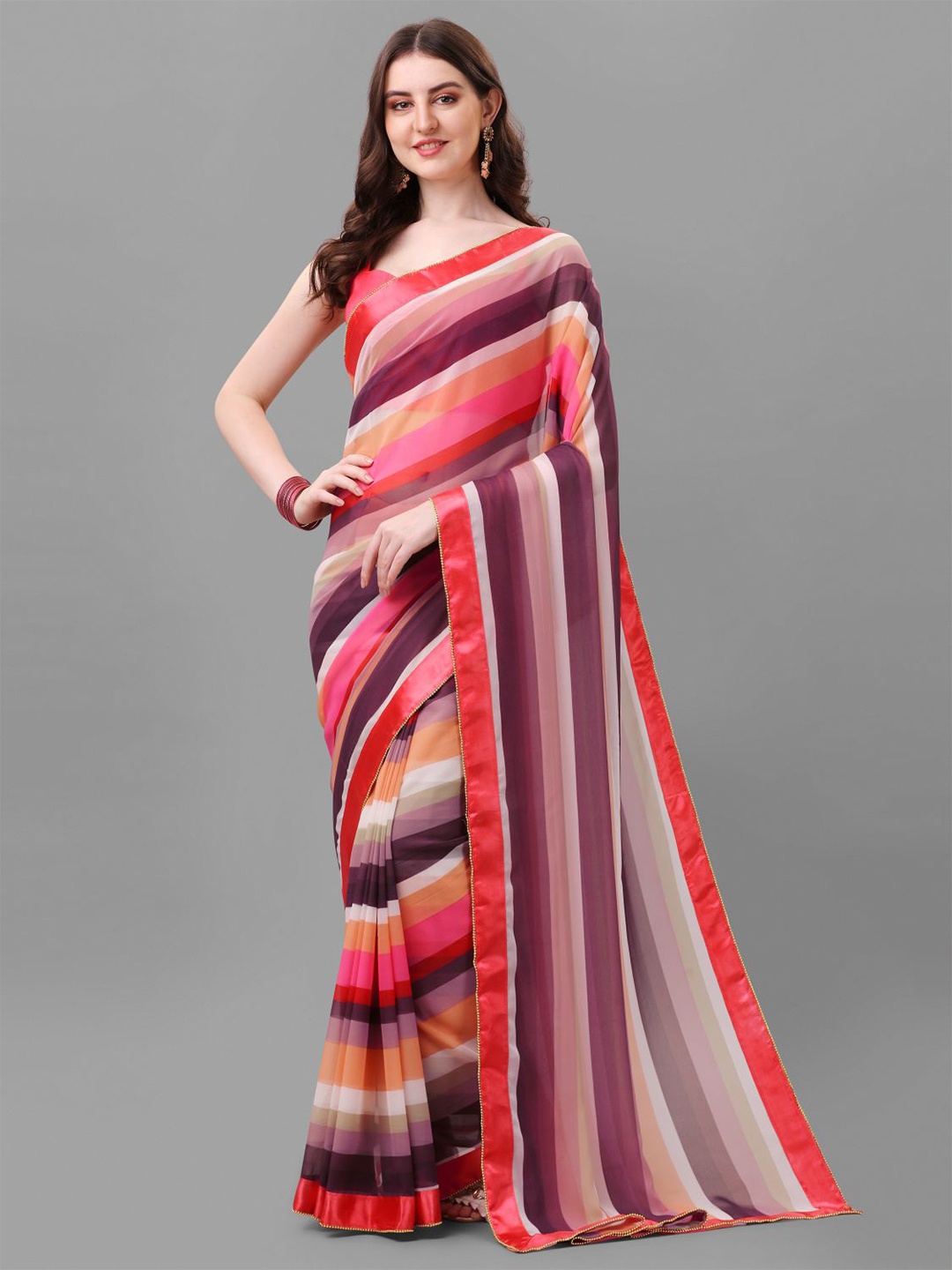 

B4ME COM Striped Pure Georgette Leheriya Saree, Pink