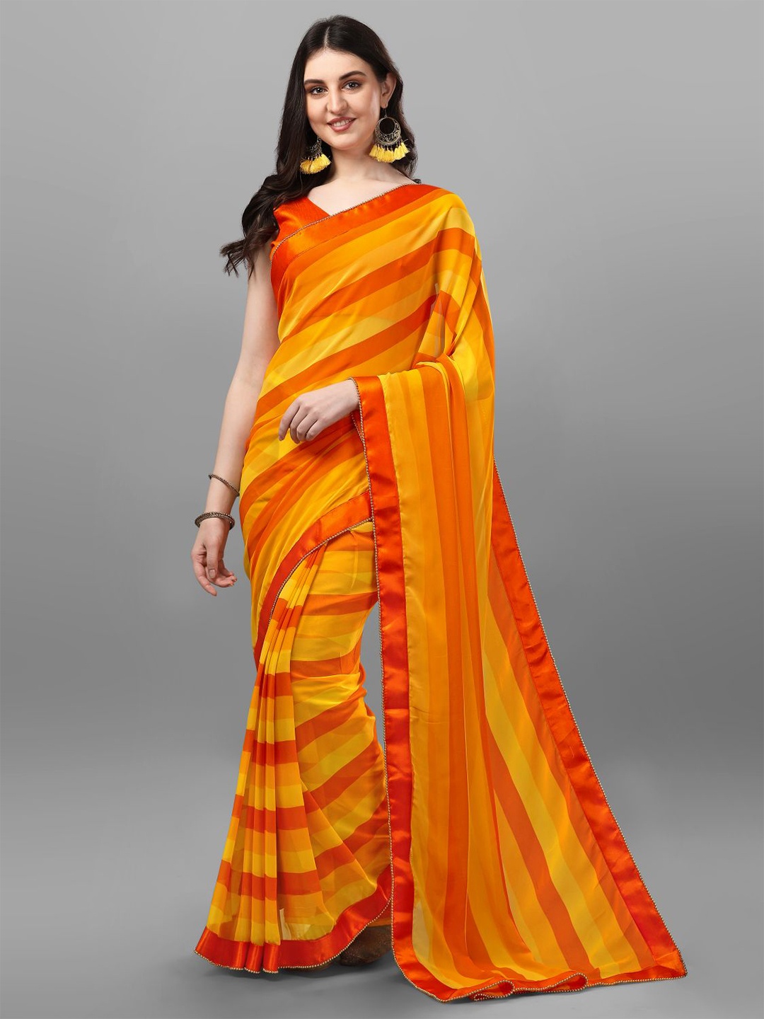 

B4ME COM Striped Pure Georgette Leheriya Saree, Yellow