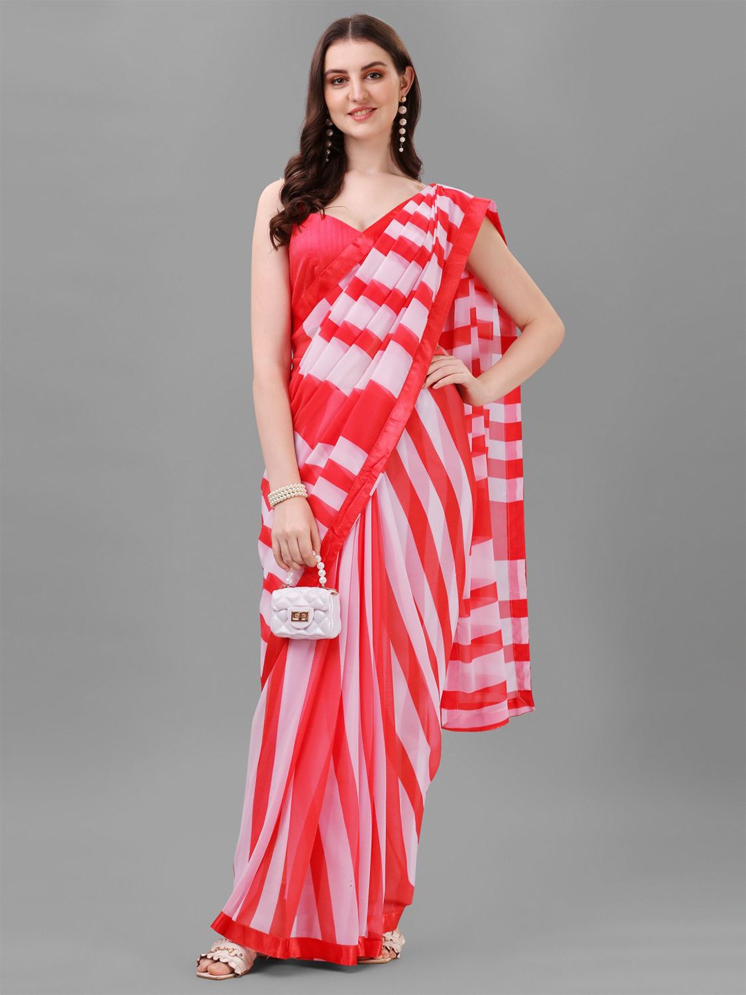 

B4ME COM Striped Pure Georgette Leheriya Saree, Pink
