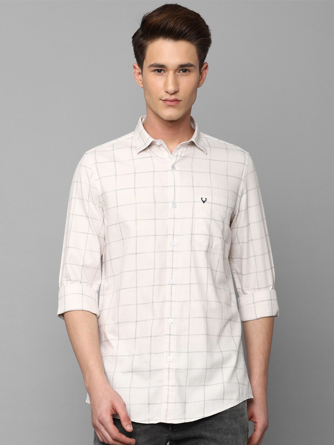

Allen Solly Men Slim Fit Windowpane Checked Cotton Casual Shirt, Cream