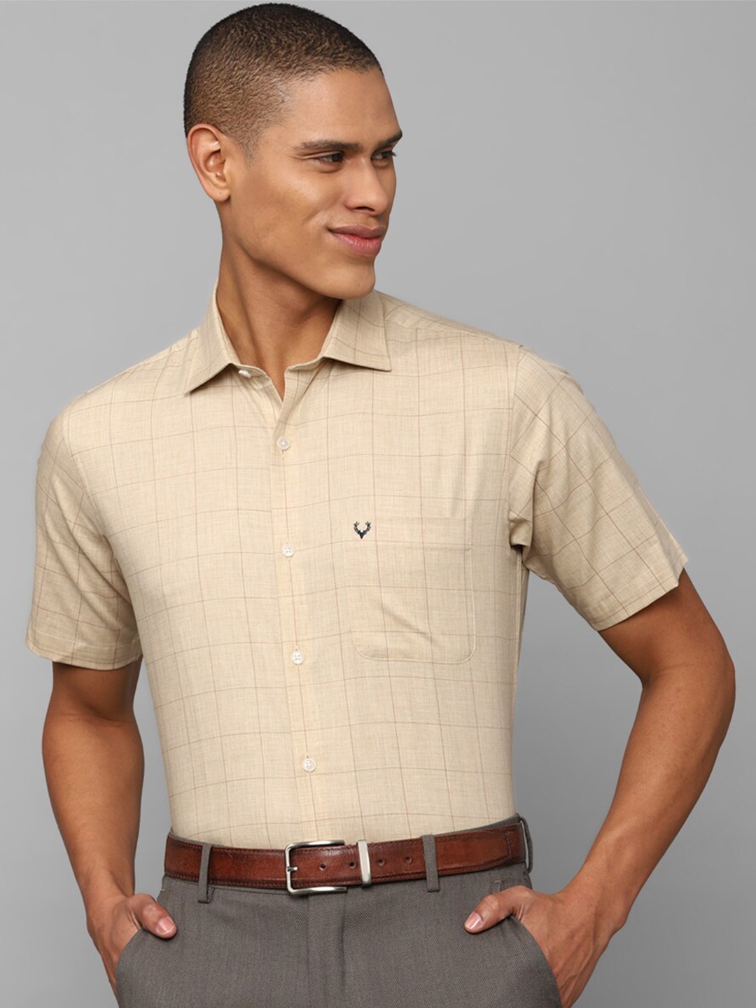 

Allen Solly Men Slim Fit Checked Pure Cotton Formal Shirt, Beige