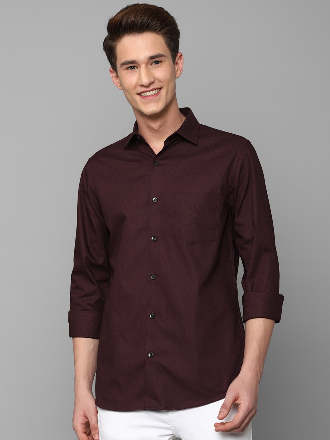 

Allen Solly Men Self Design Cotton Slim Fit Casual Shirt, Burgundy