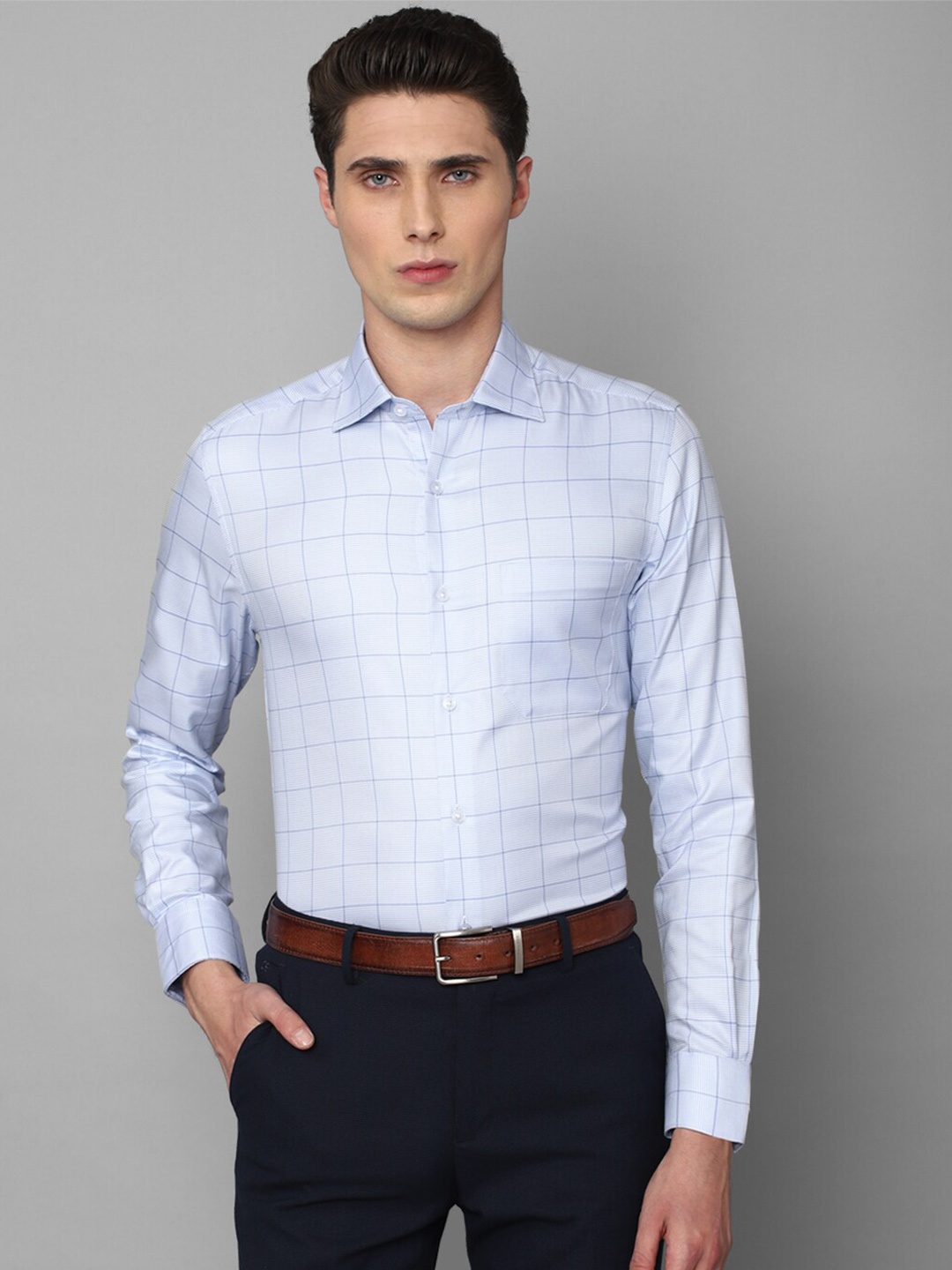 

Louis Philippe Men Slim Fit Windowpane Checks Checked Pure Cotton Formal Shirt, Blue