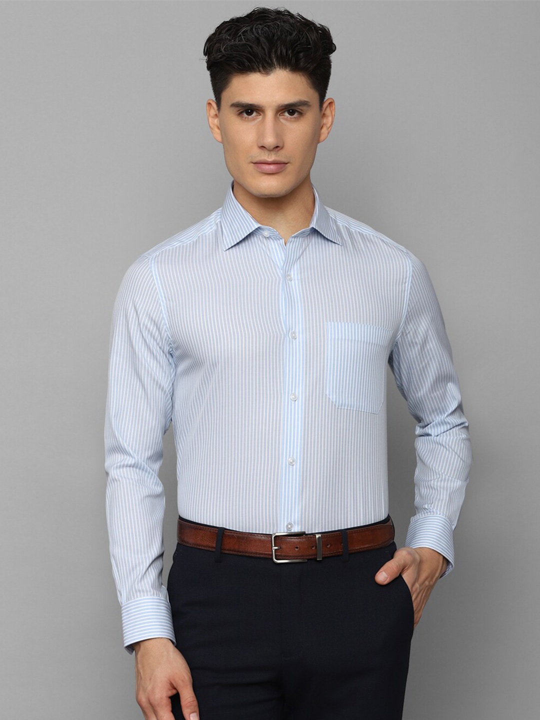 

Louis Philippe Men Slim Fit Striped Pure Cotton Formal Shirt, Blue