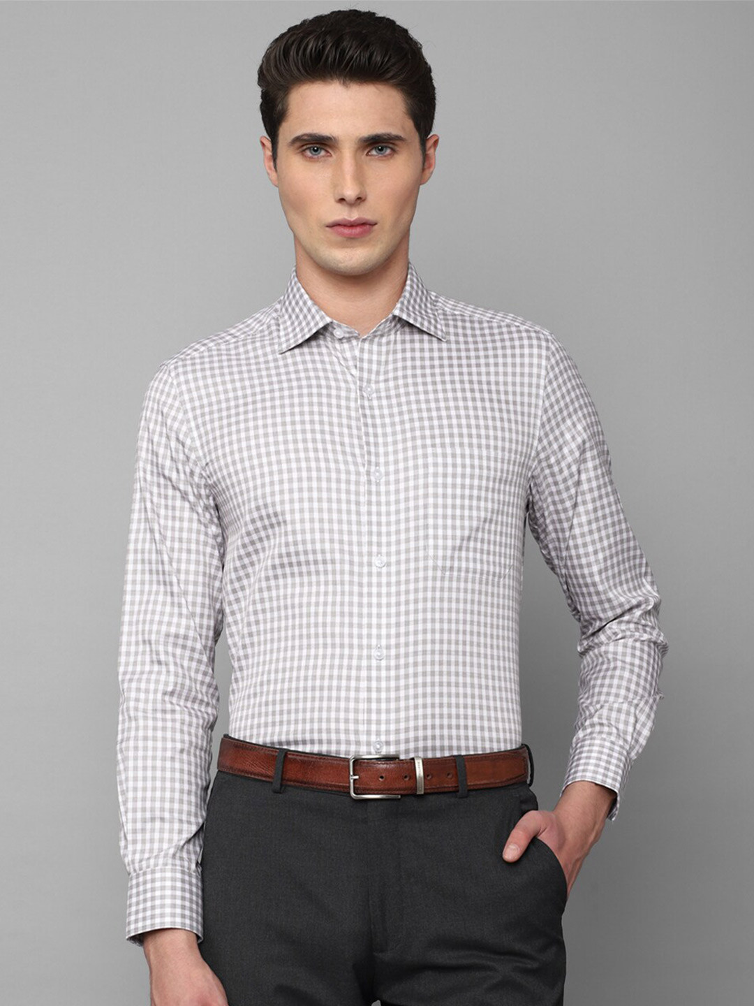 

Louis Philippe Men Slim Fit Grid Tattersall Checks Checked Pure Cotton Formal Shirt, Grey