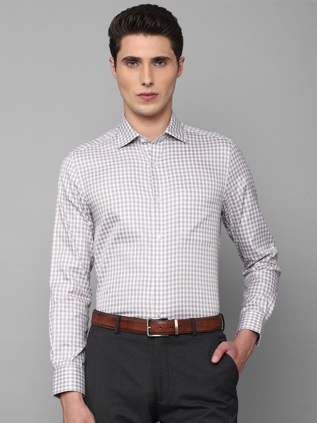 

Louis Philippe Men Slim Fit Grid Tattersall Checks Checked Pure Cotton Formal Shirt, Grey