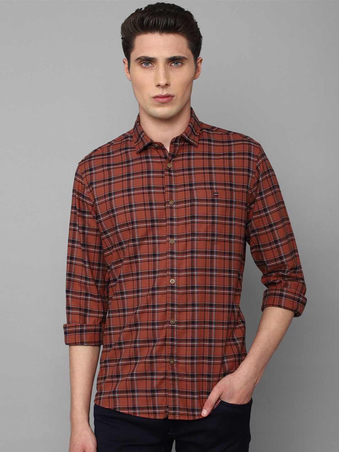 

Louis Philippe Jeans Men Slim Fit Tartan Checks Checked Cotton Casual Shirt, Maroon