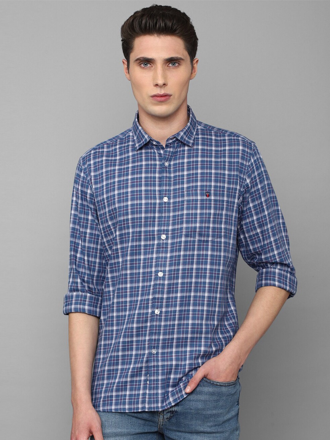 

Louis Philippe Jeans Men Slim Fit Grid Tattersall Checks Checked Cotton Casual Shirt, Blue