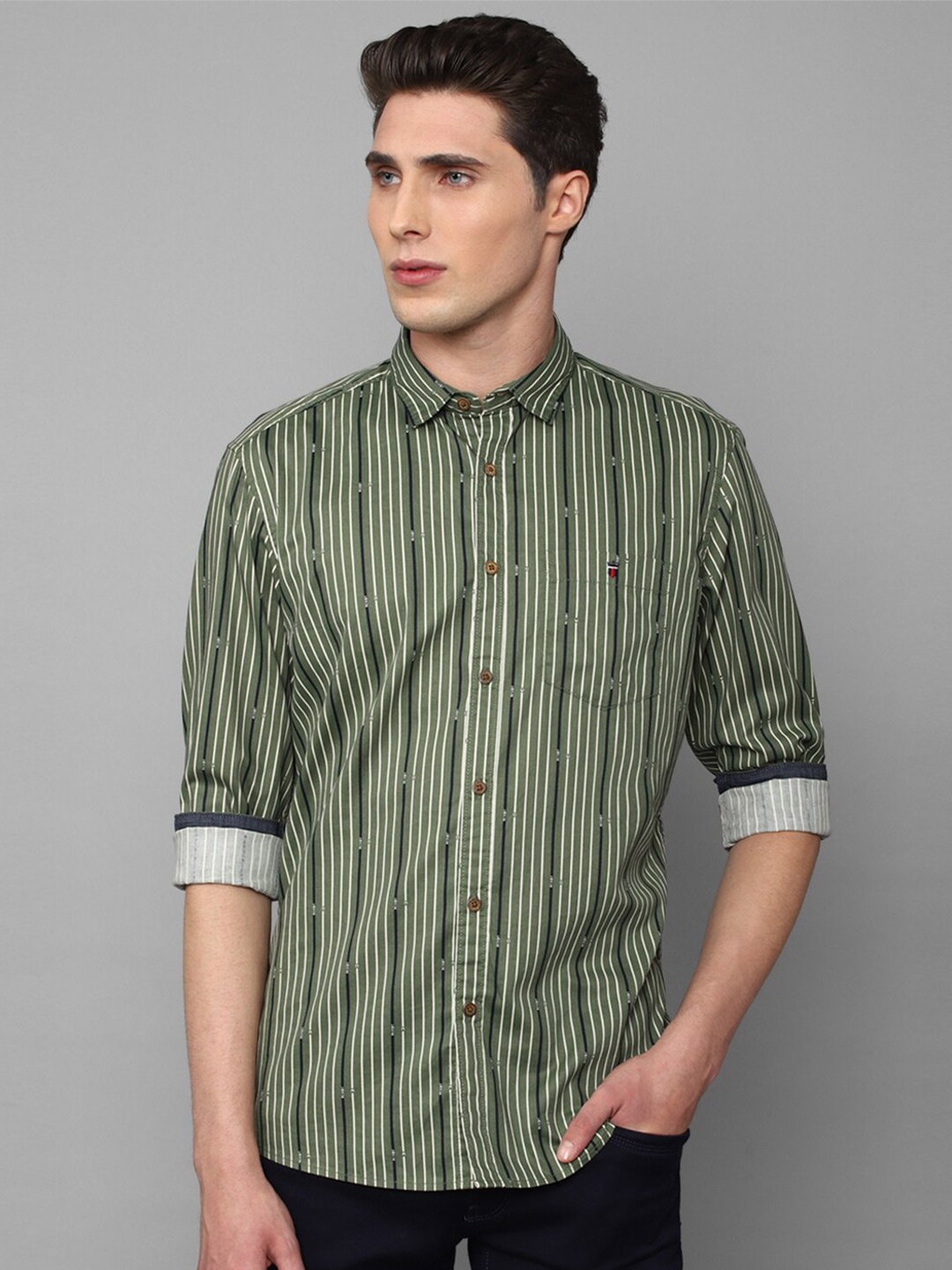 

Louis Philippe Jeans Men Slim Fit Striped Cotton Casual Shirt, Green