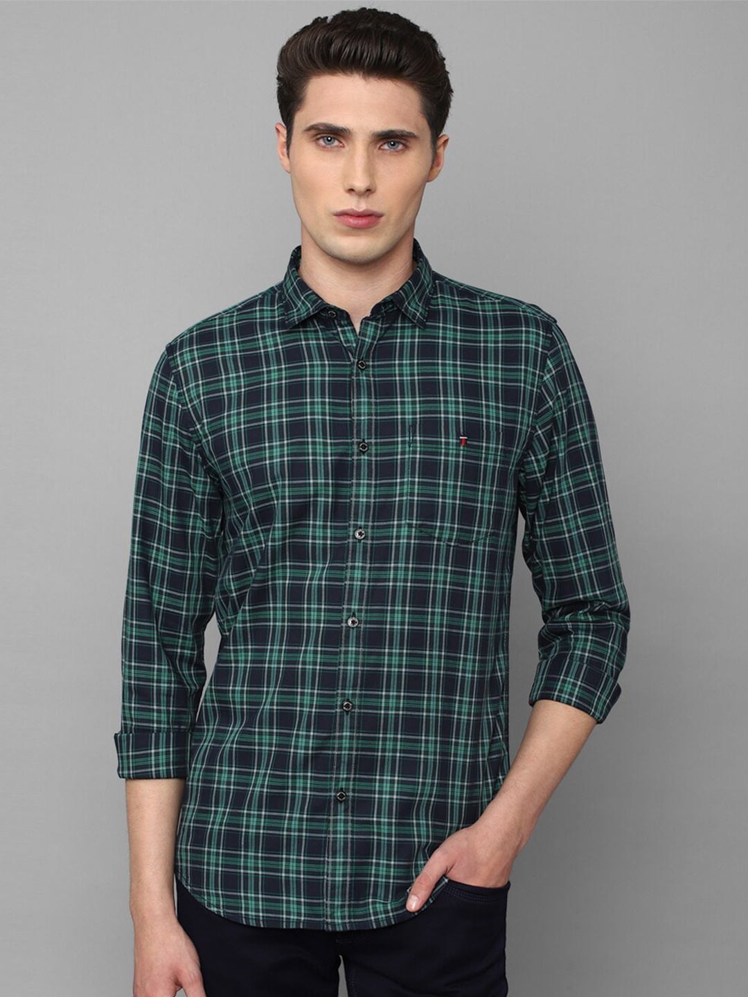 

Louis Philippe Jeans Men Slim Fit Tartan Checks Checked Cotton Casual Shirt, Sea green