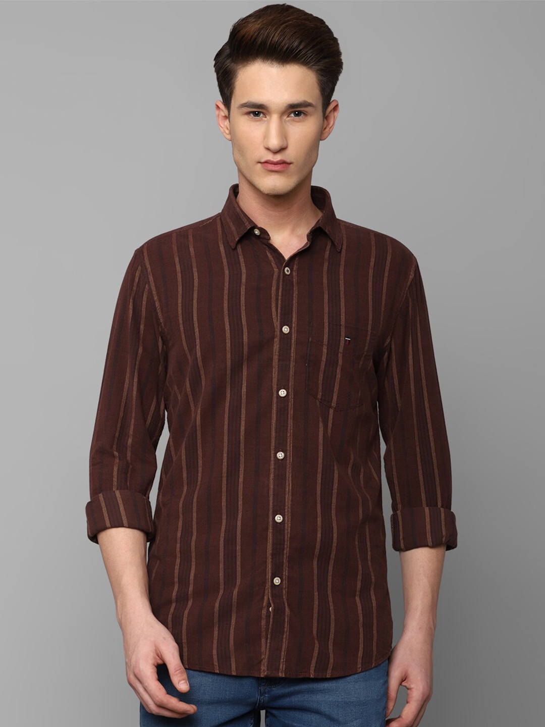 

Louis Philippe Sport Men Slim Fit Striped Cotton Casual Shirt, Brown