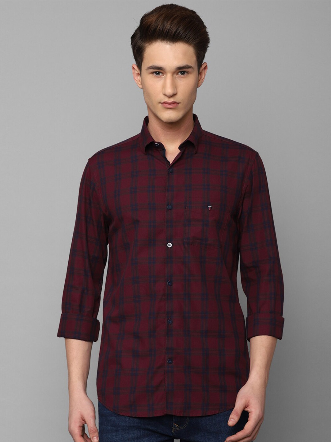 

Louis Philippe Sport Men Slim Fit Tartan Checks Checked Cotton Casual Shirt, Maroon