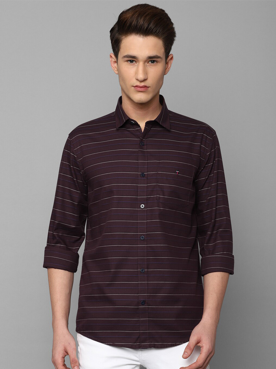 

Louis Philippe Sport Men Slim Fit Horizontal Striped Casual Cotton Shirt, Brown