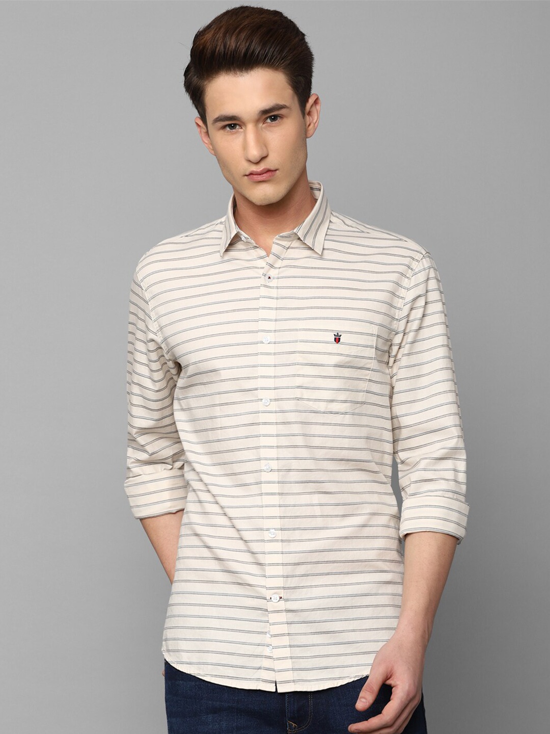 

Louis Philippe Sport Men Slim Fit Horizontal Striped Casual Cotton Shirt, Cream