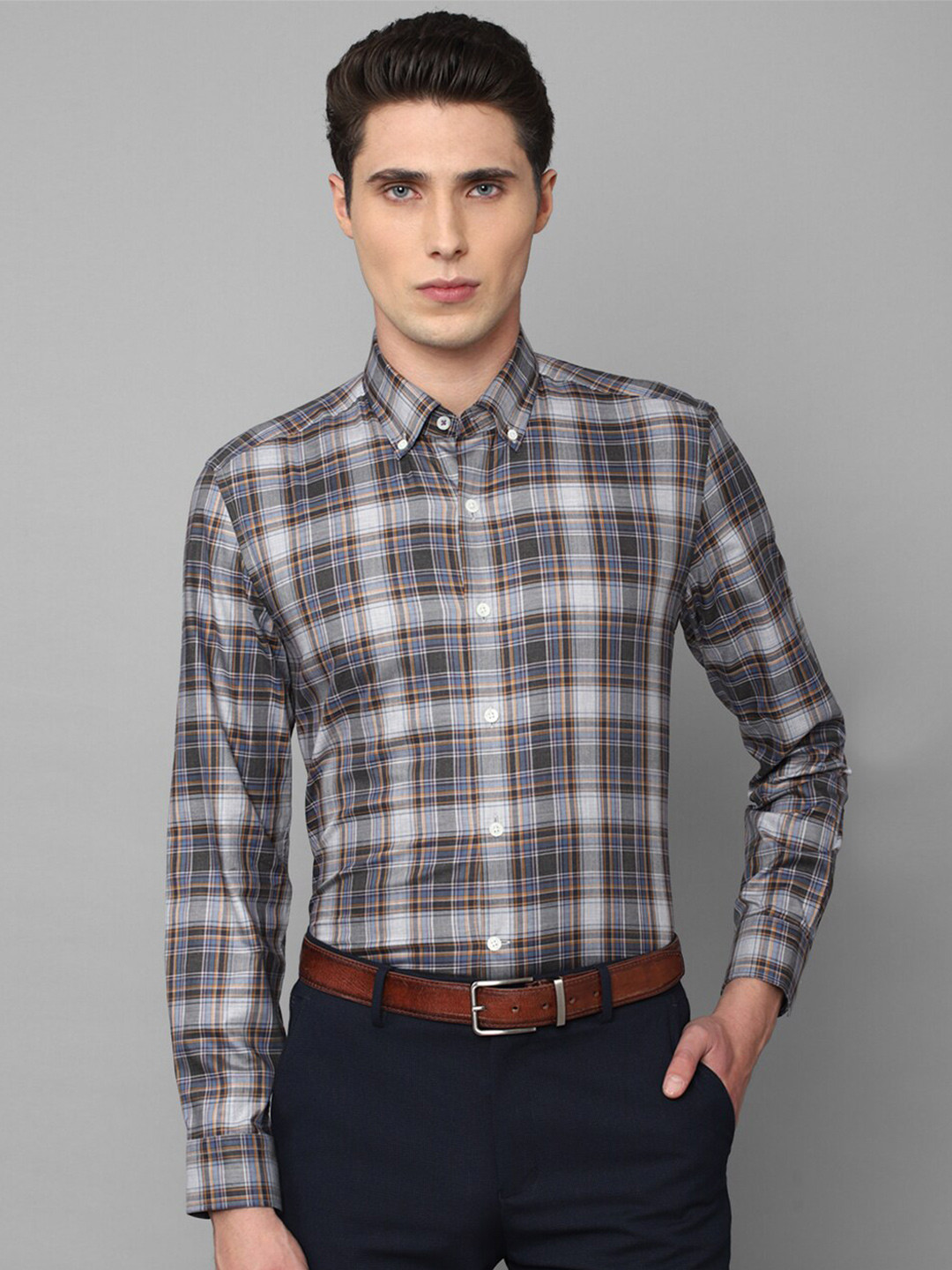 

Luxure by Louis Philippe Men Slim Fit Tartan Checks Formal Cotton Shirt, Grey