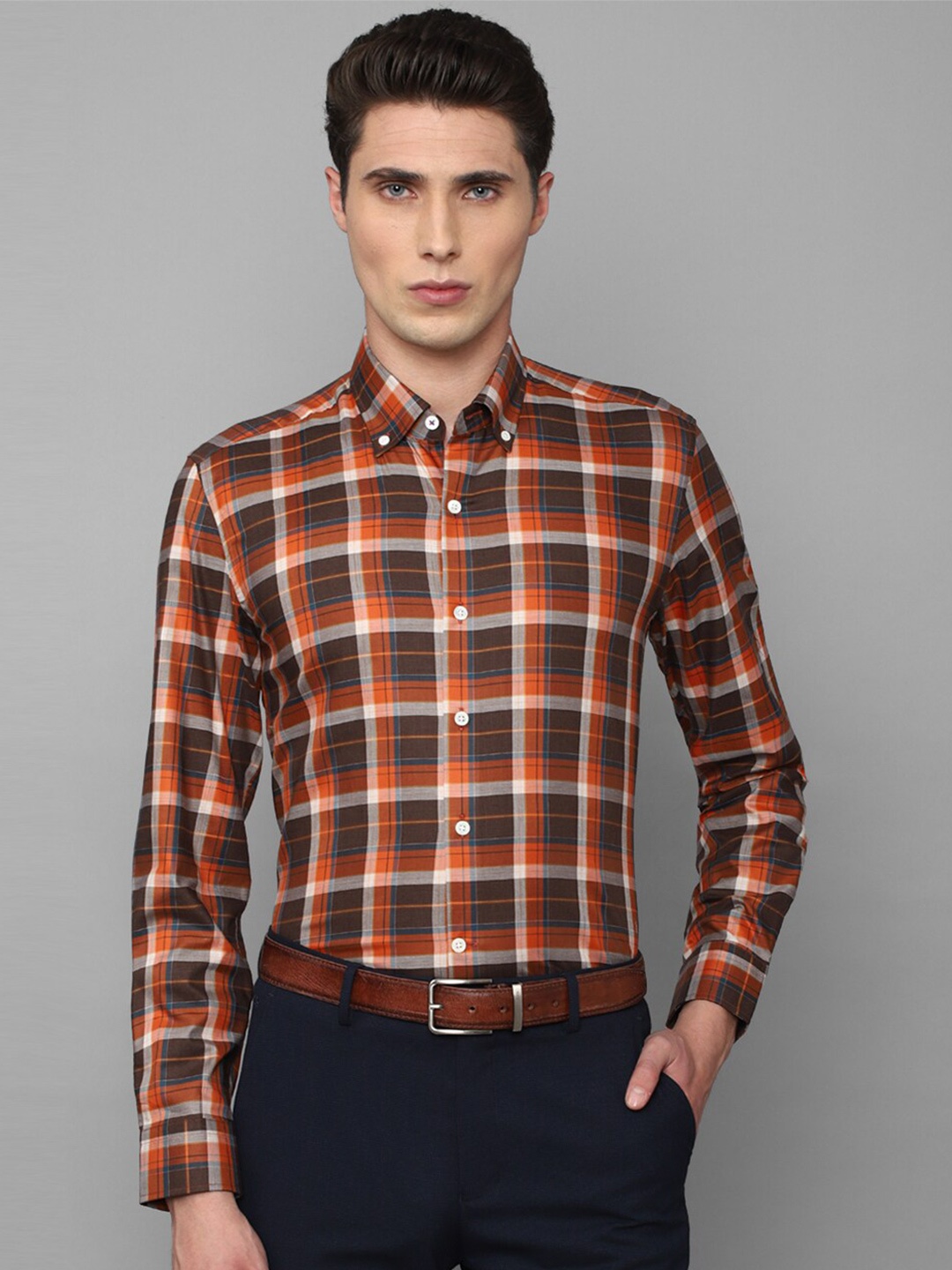 

Luxure by Louis Philippe Men Slim Fit Tartan Checks Formal Cotton Shirt, Orange
