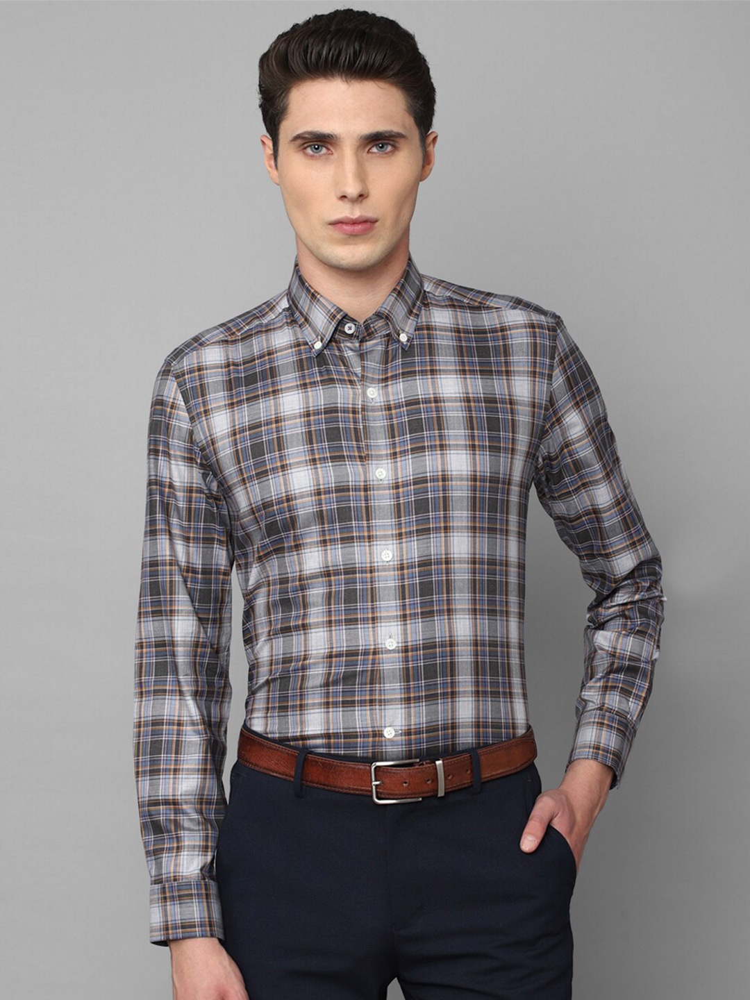 

Luxure by Louis Philippe Men Slim Fit Tartan Checked Formal Cotton Shirt, Grey