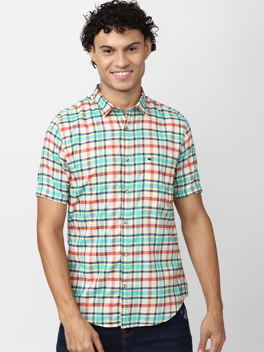

Peter England Casuals Men Slim Fit Checked Casual Cotton Shirt, Blue