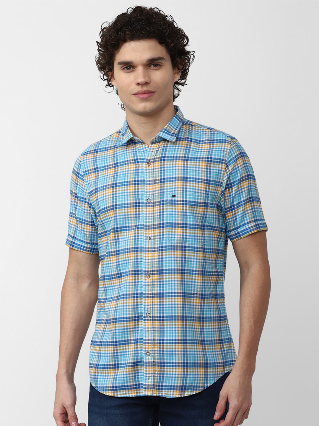 

Peter England Casuals Men Slim Fit Tartan Checks Casual Cotton Shirt, Blue