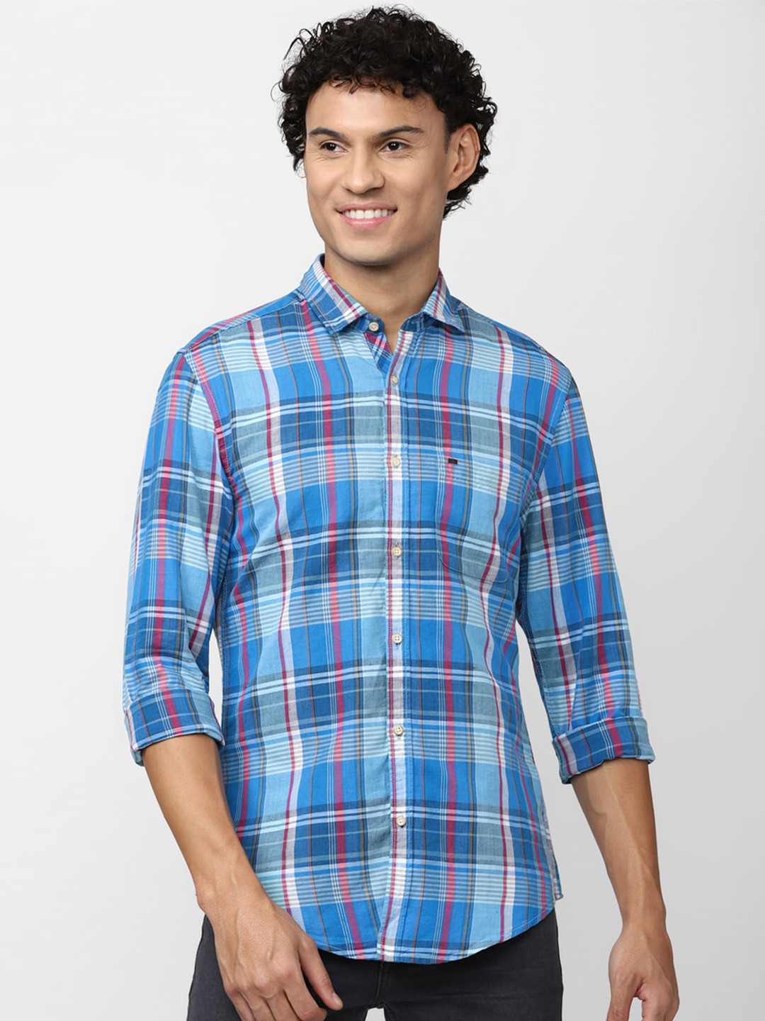 

Peter England Casuals Men Slim Fit Tartan Checks Casual Cotton Shirt, Blue
