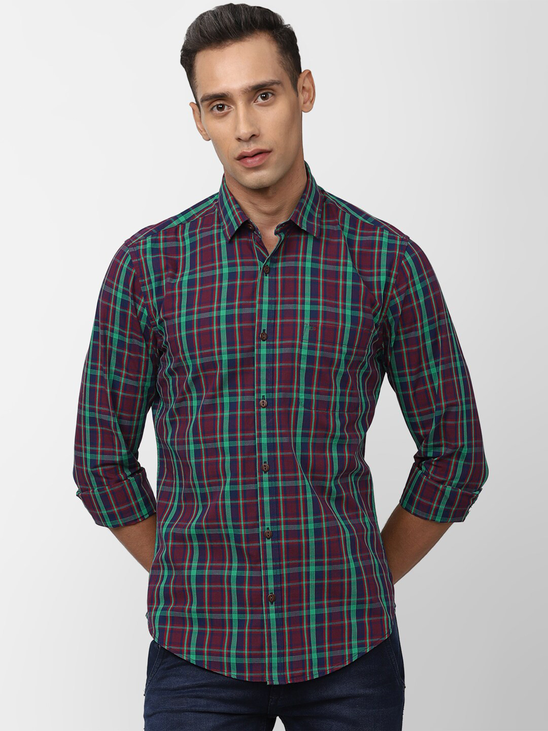 

Peter England Casuals Men Pure Cotton Slim Fit Tartan Checks Checked Casual Shirt, Purple