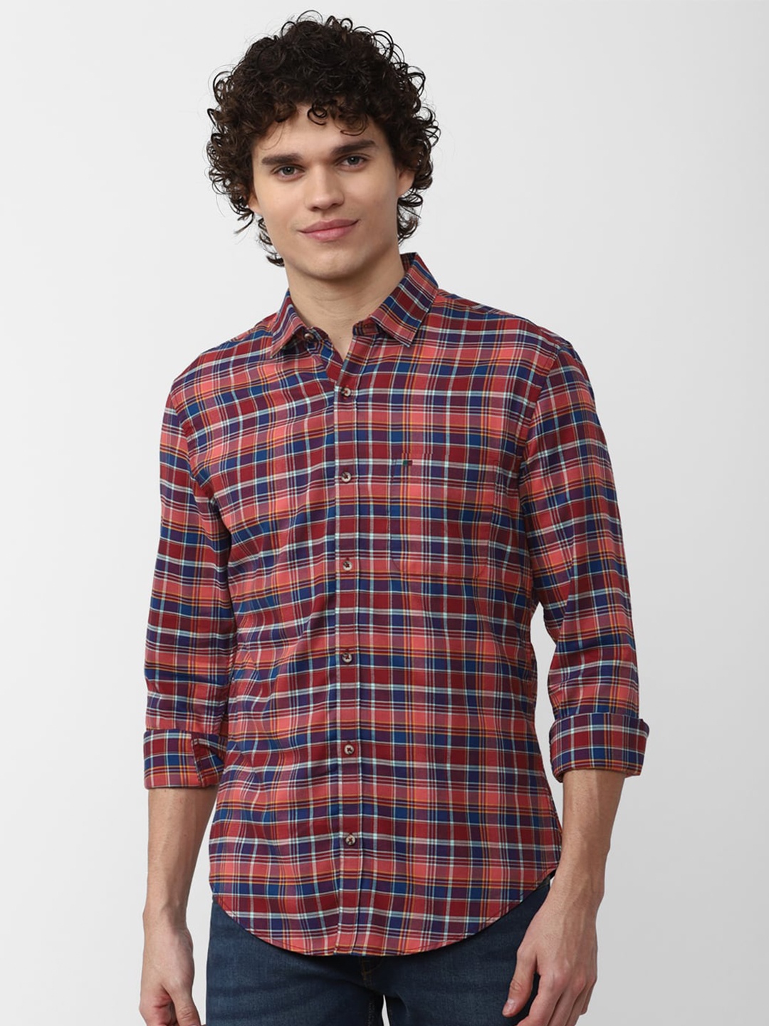 

Peter England Casuals Men Slim Fit Tartan Checks Checked Casual Shirt, Red