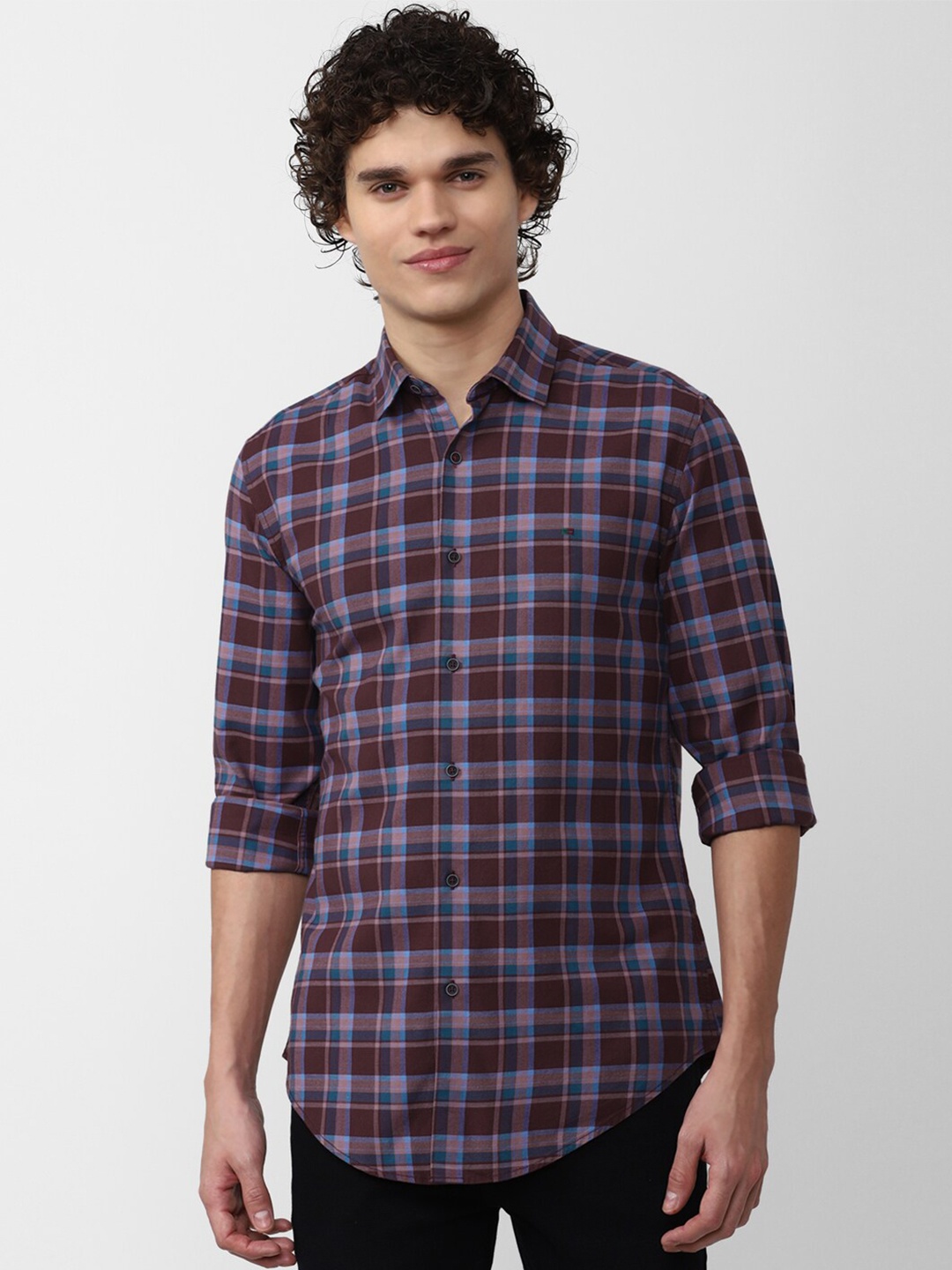 

Peter England Casuals Men Slim Fit Tartan Checks Checked Casual Shirt, Purple