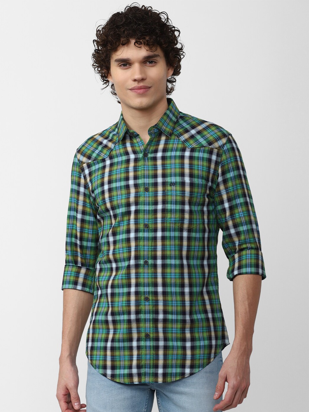 

Peter England Casuals Men Slim Fit Tartan Checks Checked Casual Shirt, Green